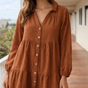 Ava Rust Button-Down mini linen Dress